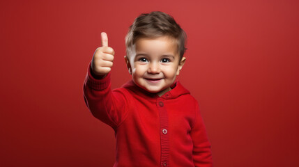 Tiny Optimist: Toddler's Thumbs Up on Fiery Red. Generative AI