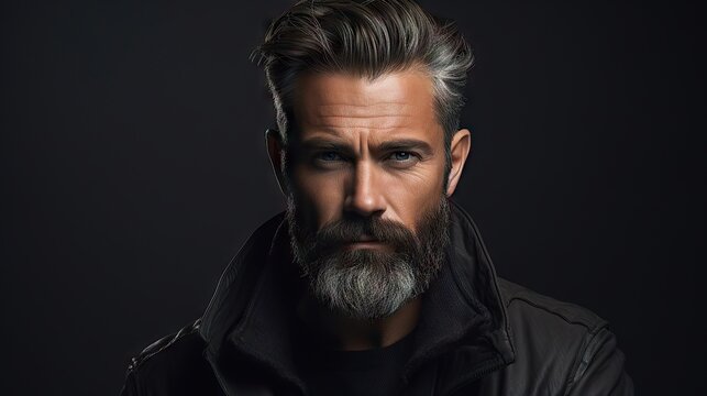 Suave and Stylish Mid-Aged Man with a Lush Beard and Hair.Showcase your mustache and hair products with this attractive model, exuding modern fashion and grooming