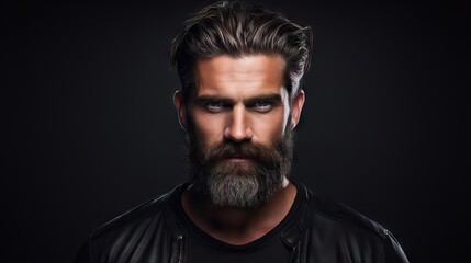 Fototapeta premium Suave and Stylish Masculine Model with Lush Beard and Hair.His confident and modern style makes him the ideal model for your hair and mustache product advertisement