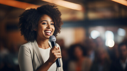 Fototapeta premium An impassioned young African American woman engages in public speaking, conveying strong emotions to her audience.