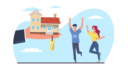 Young couple, male and female, get house with keys from real estate agent. Buying a property. Family and realtor hand. Mortgage loan at bank. Cartoon flat style isolated vector concept