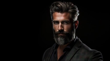 Fototapeta premium Suave and Stylish Masculine Model with Lush Beard and Hair.His confident and modern style makes him the ideal model for your hair and mustache product advertisement