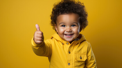 Little Optimist: Toddler's Thumbs Up on Sunny Yellow. Generative AI