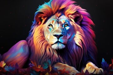 A lion with bright colors on a black background in the forest. Multicoloured majestic lion resting.