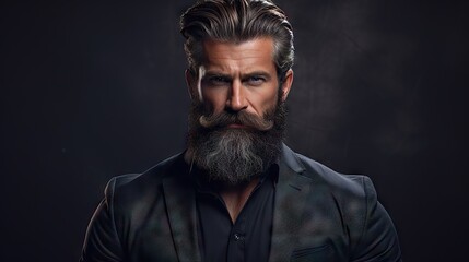 Suave and Stylish Masculine Model with Lush Beard and Hair.His confident and modern style makes him the ideal model for your hair and mustache product advertisement