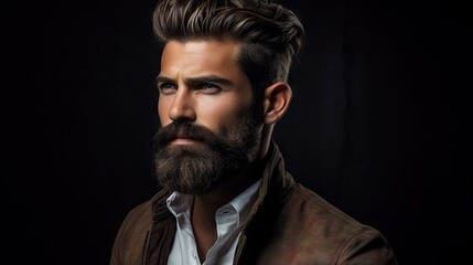 Suave and Stylish Masculine Model with Lush Beard and Hair.His confident and modern style makes him the ideal model for your hair and mustache product advertisement