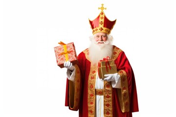 Sinterklaas or Saint Nicholas with a gift isolated on a white background with room for text