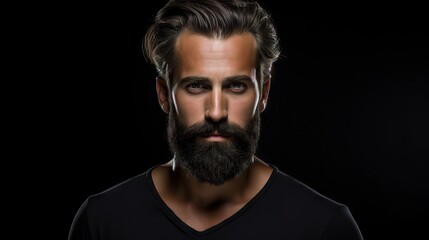 Fototapeta premium Suave and Stylish Masculine Model with Lush Beard and Hair.His confident and modern style makes him the ideal model for your hair and mustache product advertisement