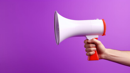 Hand holding megaphone, cropped image, loudspeaker isolated on flat purple background with copy space. 