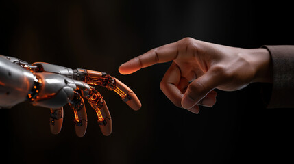 Naklejka premium Conceptual image of a human finger delicately touching a robot's metallic finger, representing the harmony between humans and AI technology. Blurred technology background.