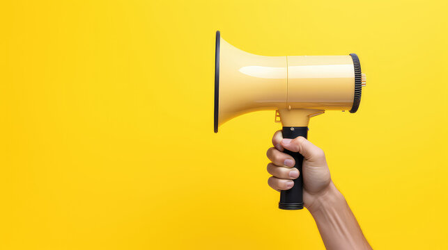 Hand holding megaphone, cropped image, loudspeaker isolated on flat yellow background with copy space. 