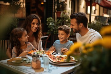 A cheerful family gathers at a restaurant, relishing a delightful meal, bonding with love and togetherness. - Powered by Adobe