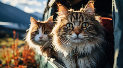 Adventurous cats peering out of camper van background with empty space for text 