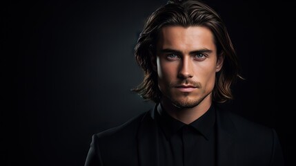 Fototapeta premium Masculine Hair Model with Luxurious Long Hair.masculine young man with lush, thick, and long hair, showcasing the allure of a hair product