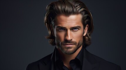 Masculine Hair Model with Luxurious Long Hair.masculine young man with lush, thick, and long hair, showcasing the allure of a hair product