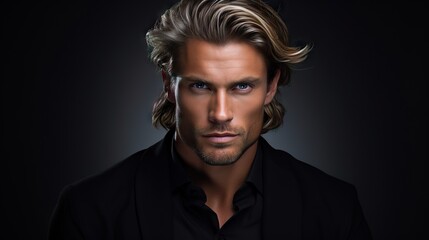 Masculine Hair Model with Luxurious Long Hair.masculine young man with lush, thick, and long hair, showcasing the allure of a hair product - obrazy, fototapety, plakaty