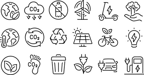 Icon set about carbon footprint, CO2 neutral, sustainable development, renewable energy, electric vehicle, and recycling. Thin line icons, flat vector illustrations, isolated on transparent background