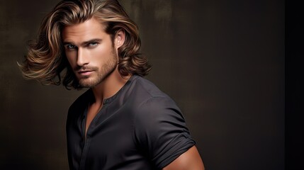 Masculine Hair Model with Luxurious Long Hair.masculine young man with lush, thick, and long hair, showcasing the allure of a hair product