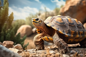 Obraz premium Exotic turtle exploring diverse terrains background with empty space for text 