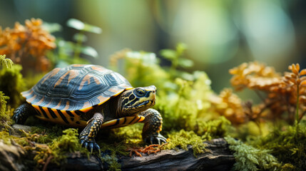 Exotic turtle exploring diverse terrains background with empty space for text 