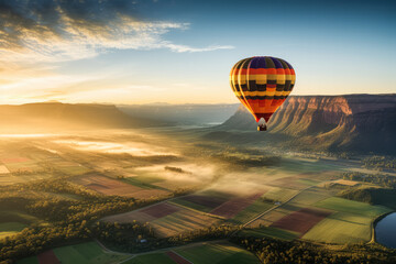 Hot air balloonist marveling at the stunning rolling landscapes beneath 
