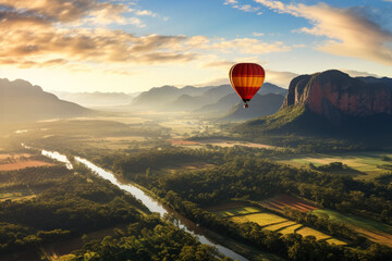 Hot air balloonist marveling at the stunning rolling landscapes beneath 