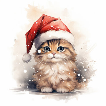 Merry Christmas Cat with Santa Hat - Digital Illustration for Greeting Cards