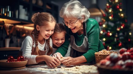 Fototapeta premium Cute little girls and her grandmother are cooking together in the kitchen.
