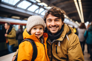 Joyful toddlers first train journey with parents background with empty space for text 