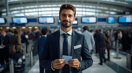 Male Worker in Suit Holding Papers at the Airport