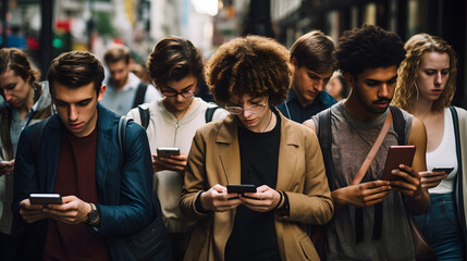 Digital Natives in Action: A Vast Gathering of People Engrossed in Smartphone Use Outdoors