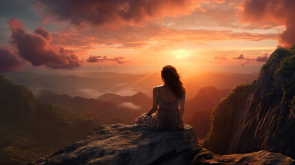Fototapeta na wymiar A woman sitting on the top of a mountain and looking at the sunset