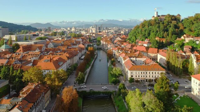 Aerial view of the Ljubljana old town, Slovenia. 