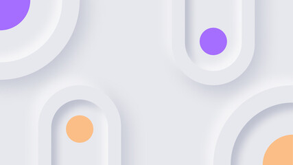 Soft-colored neumorphic 3D design elements with highlights and shadows for presentation slide background. Purple and Orange circle.