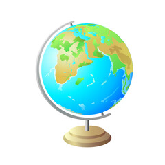 A globe with Africa, Europe and oceans on a wooden stand or a light brown stand on a square white isolated background. A globe with the planet EARTH. School supplies. Vector illustration.