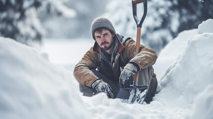 Man shoveling snow in woods with shovel by hand