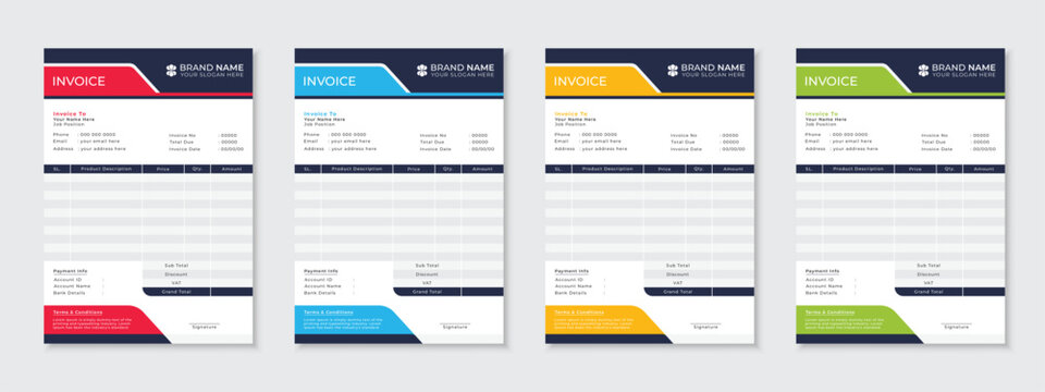 Creative and modern invoice design template, minimal corporate business cash memo, receipt, bill form, tax form for company growth in four color variations bundle, payment agreement design layout set