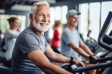 Fototapeta na wymiar Senior man training on a treadmill in a gym. Sport, fitness, lifestyle concept. ia generated