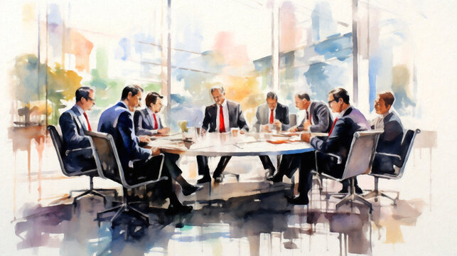 Abstract watercolor painting of business people in conference, teamwork and brainstorming at the workplace, employees discussion in office or meeting room