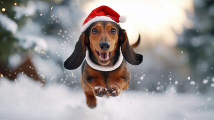 Cute dachshund dog with a Santa's hat running, jumping in the snow, daytime in the winter snow in the woods. - obrazy, fototapety, plakaty