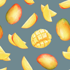 Pattern with watercolor mango fruits with slices on grey background