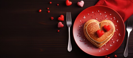 Valentine s Day themed breakfast with heart shaped pancakes strawberries and red background Top view flat lay plenty of space for text - obrazy, fototapety, plakaty