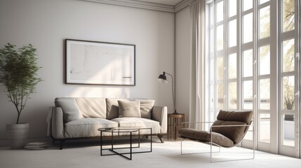 Fototapeta na wymiar Light living room interior with couch and armchair with panoramic window