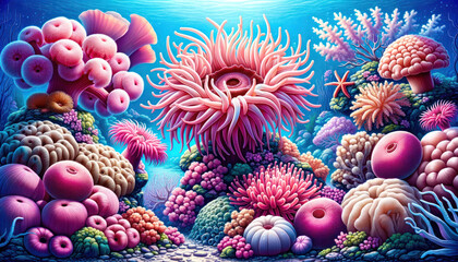 Fototapeta na wymiar Illustration depicting the underwater wonders of coral reefs. Pink anemones, the stars of the scene, are surrounded by various coral formations