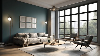 Naklejka na ściany i meble Light living room interior with couch and armchair with panoramic window