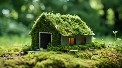 Fototapeta na wymiar An eco-friendly house, a paper home half-covered in moss, sits on the grass in a garden