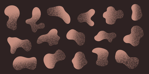 Beige Amoeba blob with gritty texture, organic abstract shape. Set of Liquid amorphous shapes, fluid blotch collection. Dust grain gradient on dark background.