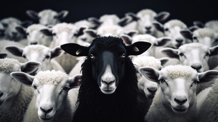 This captivating image captures a black sheep standing out among a group of white sheep against a clean backdrop, representing distinctiveness and diversity.