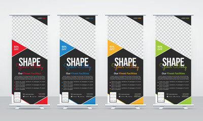 Modern and creative fitness gym roll up pull up standee x banner signage design template for business promotion ads, trendy body building ads in four variant vector template bundle set