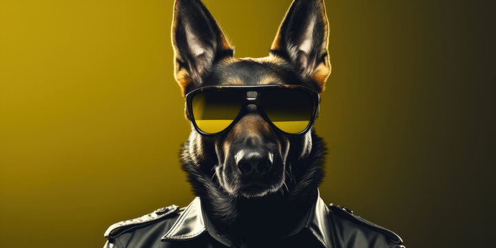 A German Shepherd, dressed as a security officer, stands confidently with sunglasses, offering wide banner space for text.